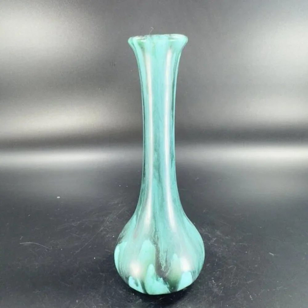 Canadian Art Pottery Bud Vase Green Black Drip Glaze Ceramic Vase Mid‎ Century
